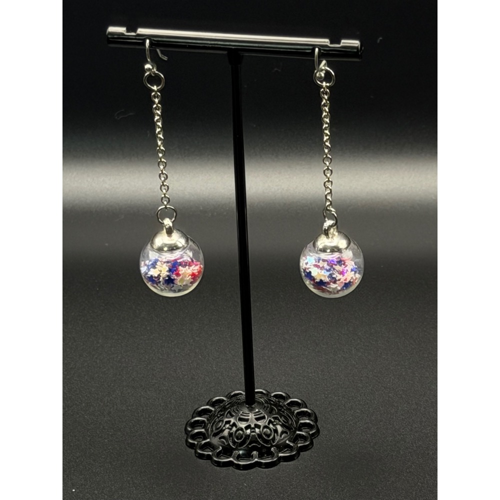 Handmade Star Confetti Glass Globe Dangle Earrings Silver Tone Celestial Drop